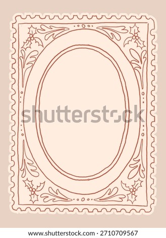 Christmas frames set with cozy cottagecore aesthetic decorative elements. Retro hand drawn charming doodle cottage core border. Vintage Christmas postmark, stamp