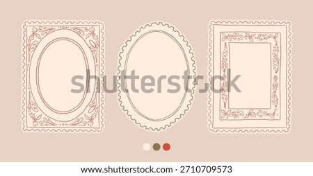 Christmas frames set with cozy cottagecore aesthetic decorative elements. Retro hand drawn charming doodle cottage core border. Vintage Christmas postmark, stamp