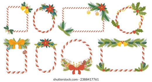 Christmas Frames Set. Festive Collection Of Holiday Candy Cane Borders Adorned With Candles, Holly Berries, Bows And Ornaments, Adding Yuletide Joy To Photos And Memories. Cartoon Vector Illustration