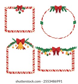 Christmas Frames Set, Festive Collection Of Holiday-themed Round, Oval and rectangular Borders To Adorn Cherished Memories. Add A Yuletide Magic To Photos This Season. Cartoon Vector Illustration