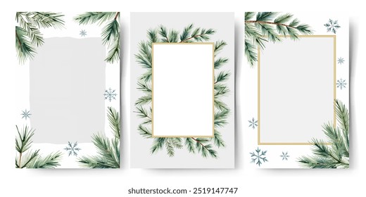 Christmas frames with watercolor fir branches, snowflakes and place for text. Winter New year posters