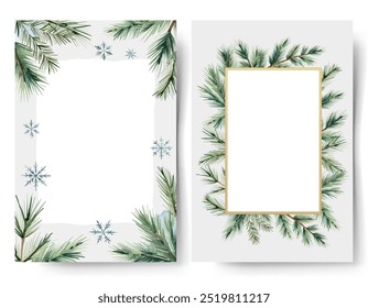 Christmas frames with watercolor fir branches, snowflakes and place for text. Winter New year cards