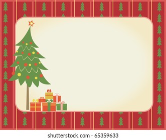 Christmas frame.Vintage background with green tree and presents for design