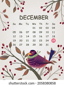 Christmas framing poster with bird and fir for calendar
