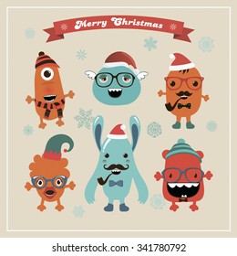 Christmas Freaky Cute Retro Hipster Monsters Icons, Funny Vector Illustration. New Year, Xmas Cartoon Characters. Winter, Snow