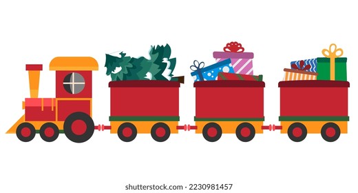 Christmas freight train with a Christmas tree and a bunch of gifts