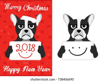 Christmas french bulldog. Merry Christmas and Happy New Year card. 2018 text vector