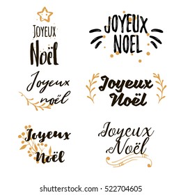 Christmas in French greeting. Joyeux Noel Calligraphic lettering Set. Collections of beautiful Merry Christmas title for greeting card, flyer, web, banner. Christmas typography set. Vector 