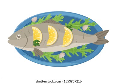 Christmas fried carp with lemon. Isolated vector illustration.