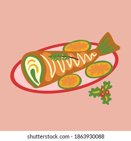 Christmas fried fish with lemon. Isolated vector illustration Isolated on pink background. cooked holiday Food dish festive celebration collection set in cartoon style