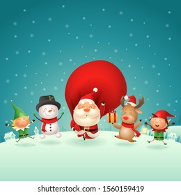 Christmas Friends Elves Santa Snowman and Reindeer celebrate holidays - jumping singing dancing on winter night scene - vector illustration
