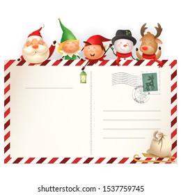 Christmas friends on letter for Santa Claus - template with Santa, Elves girl and boy, Snowman and Reindeer - vector illustration isolated on transparent background