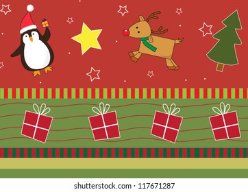 Christmas friends pattern Vector pattern of penguin, reindeer and a christmas tree. Eps 10 fully editable.