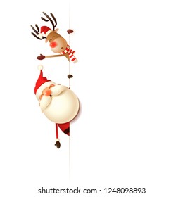 Christmas friends Santa Claus and Reindeer on left side of board - isolated on white background