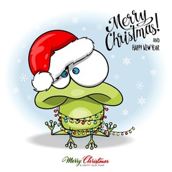 Christmas Frog Cartoon Character. Merry Christmas Card With Cute Frog Wearing Santa Claus Hat With Blue Background And Gerland. Christmas Text.