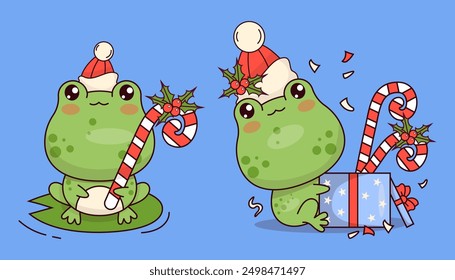 Christmas frog with gift with striped candy cane with holly set. Isolated cute holiday winter animal kawaii character. Vector illustration. Kids collection.