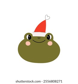 Christmas Frog. Green frog in christmas hat. Vector hand Drawn illustration on a white background