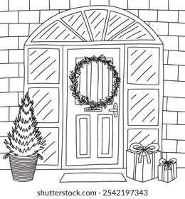 Navidades puerta principal con boceto de Vector de corona