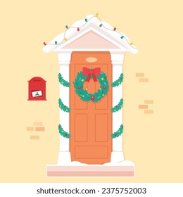 Christmas front house door decorated for holiday. Traditional xmas georgian winter home decoration with wreath and garlands. Flat vector illustration isolated on beige background.