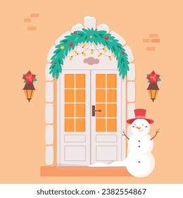 Christmas front house door decorated for holiday. Traditional xmas georgian winter home decoration with wreath, garland and snowman. Flat vector illustration isolated on beige background.