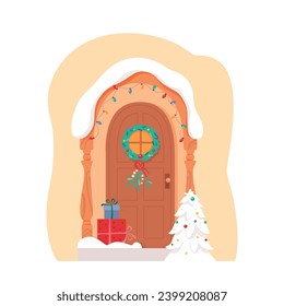 Christmas front house door decorated for holiday. Traditional xmas georgian winter home decoration with wreath, garlands and gifts. Flat vector illustration isolated on white background.