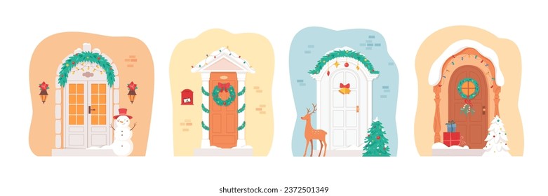 Christmas front house doors collection decorated for holiday. Traditional xmas georgian winter home decoration with wreath, garland, deer, gifts. Flat vector illustration isolated on white background.