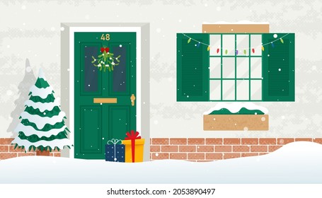 Christmas Front wooden door with gift boxes and  christmas wreath of mistletoe and snowy window. Home old exterior at winter season. Dwelling house facade. Flat vector illustration