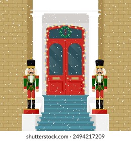 Navidades Puerta de madera delantera con Navidades Cascanueces juguetes soldado, corona y nieve. Ilustración vectorial plana