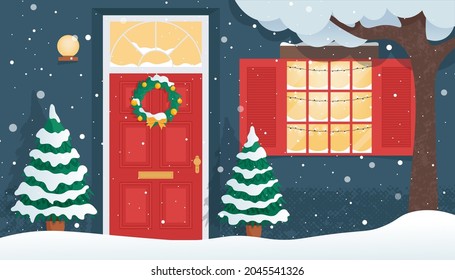 Christmas Front Wooden Door With Christmas Wreath And Snowy Window. Home Old Exterior At Winter Season. Dwelling House Facade. Vector Illustration In Cartoon Flat Style