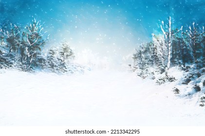 Christmas Frosty Fantastic Background. Winter Epic Landscape. Celtic Medieval forest and mountain. Frozen nature. Mystic Valley. Artwork sketch. Gaming RPG. Book cover, poster, banner, postcard, stamp