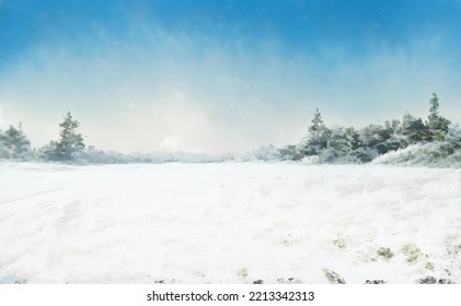 Christmas Frosty Fantastic Background. Winter Epic Landscape. Celtic Medieval forest and mountain. Frozen nature. Mystic Valley. Artwork sketch. Gaming RPG. Book cover, poster, banner, postcard, stamp