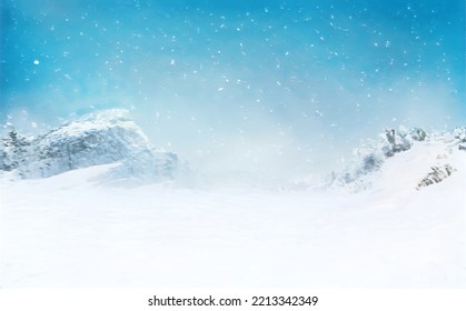 Christmas Frosty Fantastic Background. Winter Epic Landscape. Celtic Medieval forest and mountain. Frozen nature. Mystic Valley. Artwork sketch. Gaming RPG. Book cover, poster, banner, postcard, stamp