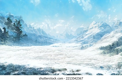 Christmas Frosty Fantastic Background. Winter Epic Landscape. Celtic Medieval forest and mountain. Frozen nature. Mystic Valley. Artwork sketch. Gaming RPG. Book cover, poster, banner, postcard, stamp