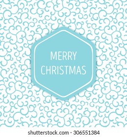Christmas frosty pattern with place for text. Hexagon blue frame with shadow under gentle and curly background.