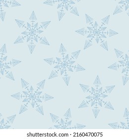 Christmas frozen snowflake seamless vector pattern. Masculine winter snow graphic design for wrapping paper, Xmas, frosty wallpaper. Holiday hand drawn December star.