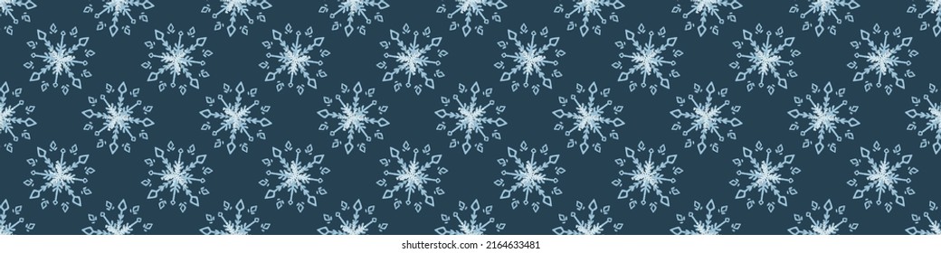 Christmas frozen snowflake seamless vector border. Masculine winter snow graphic design for wrapping paper, Xmas, frosty banner. Holiday hand drawn December star.