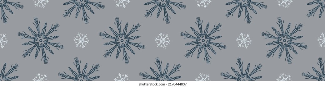 Christmas frozen snowflake seamless vector border. Masculine winter snow graphic design for wrapping paper, Xmas, frosty banner. Holiday hand drawn December star.