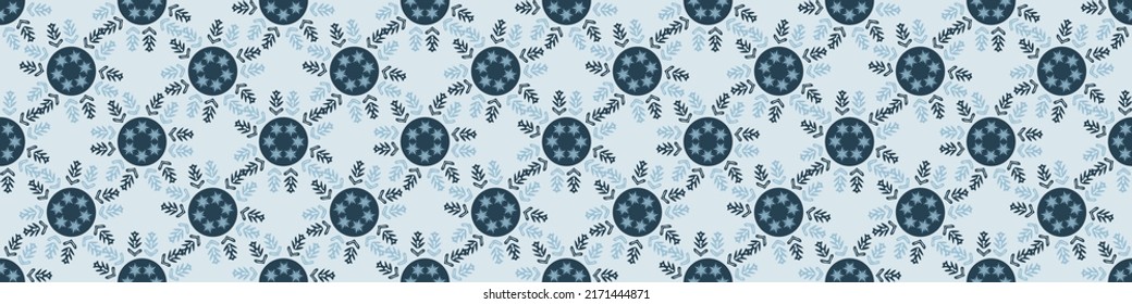 Christmas frozen snowflake seamless vector border. Masculine winter snow graphic design for wrapping paper, Xmas, frosty banner. Holiday hand drawn December star.