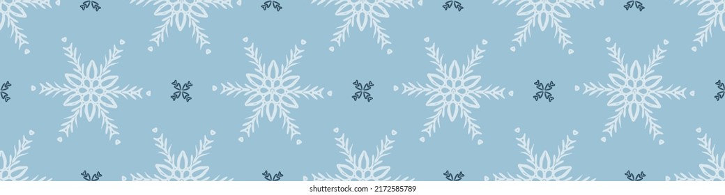 El copo de nieve congelado de Navidad bordea el vector sin costuras. Diseño gráfico de nieve de invierno para envolver papel, Navidad, pancarta helada. Estrella de diciembre dibujada a mano de feriado.