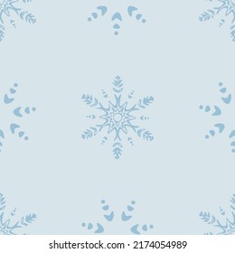 Christmas frozen snowflake seamless vector pattern. Masculine winter snow graphic design for wrapping paper, Xmas, frosty wallpaper. Holiday hand drawn December star.