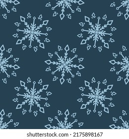 Christmas frozen snowflake seamless vector pattern. Masculine winter snow graphic design for wrapping paper, Xmas, frosty wallpaper. Holiday hand drawn December star.