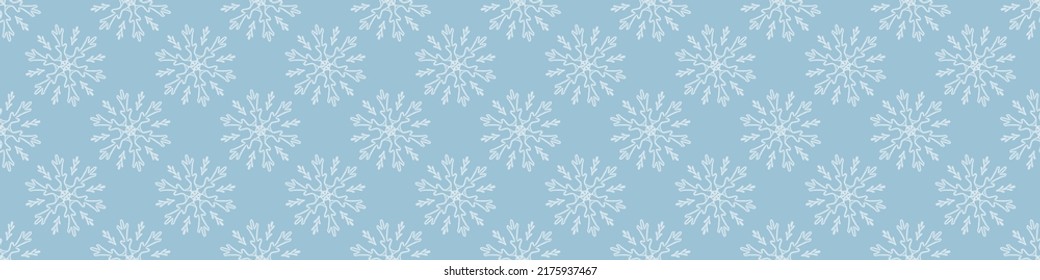 Christmas Frozen Snowflake Seamless Vector Border. Masculine Winter Snow Graphic Design For Wrapping Paper, Xmas, Frosty Banner. Holiday Hand Drawn December Star.