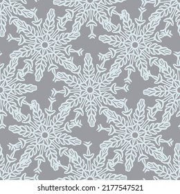 Christmas frozen snowflake seamless vector pattern. Masculine winter snow graphic design for wrapping paper, Xmas, frosty wallpaper. Holiday hand drawn December star.