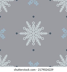 Christmas frozen snowflake seamless vector pattern. Masculine winter snow graphic design for wrapping paper, Xmas, frosty wallpaper. Holiday hand drawn December star.