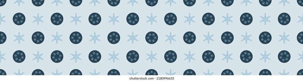 Christmas frozen snowflake seamless vector border. Masculine winter snow graphic design for wrapping paper, Xmas, frosty banner. Holiday hand drawn December star.