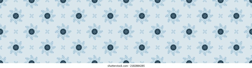 Christmas frozen snowflake seamless vector border. Masculine winter snow graphic design for wrapping paper, Xmas, frosty banner. Holiday hand drawn December star.