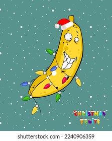 Christmas fruits with banana in Santa hat. Illustration fanny fruits design. Consept Christmas food decore. Healthy food concept. Vegan, vegetarian and diet, sport food. Smoothies and juices, jam