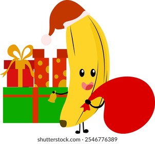 Christmas fruits with banana in Santa hat with gift box. Consept Christmas food decore, Food Christmas Gift Kawaii Cute banana