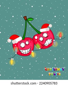 Christmas fruits with cherry in Santa hat. Illustration fanny fruits design. Consept Christmas food decore. Healthy food concept. Vegan, vegetarian and diet, sport food. Smoothies and juices, jam
