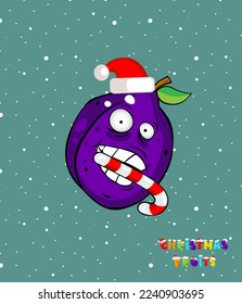 Christmas fruits plum in Santa hat and candy. Illustration fanny fruits design. Consept Christmas food decore. Healthy food concept. Vegan, vegetarian and diet, sport food. Smoothies and juices